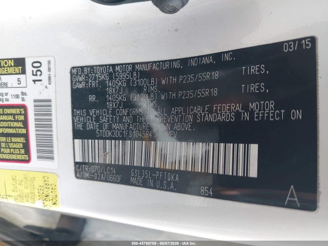 Aukcja sprzedaży 2015 Toyota Sienna Xle Premium 7 Passenger, vin: 5TDDK3DC1FS104584, numer aukcji: 45780759