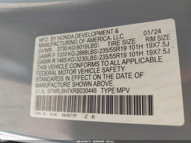 Продажа на аукционе авто 2024 Honda Odyssey Sport, vin: 5FNRL6H7XRB030446, номер лота: 45780777