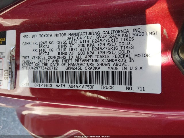 Aukcja sprzedaży 2007 Toyota Tacoma Base V6, vin: 5TEUU42N77Z420712, numer aukcji: 45780788