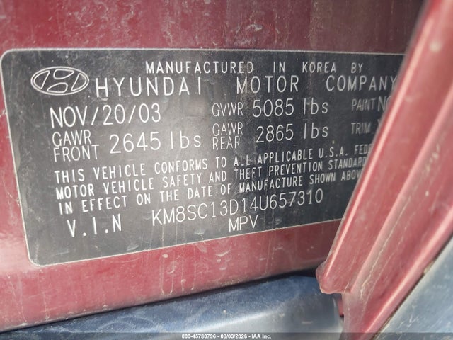 45780796 :رقم المزاد ، KM8SC13D14U657310 vin ، 2004 Hyundai Santa Fe Gls مزاد بيع