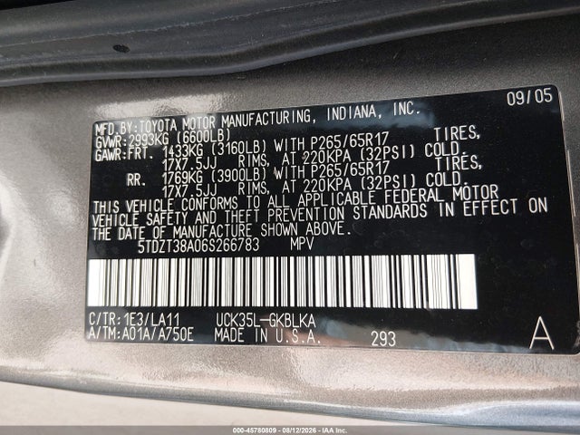 Aukcja sprzedaży 2006 Toyota Sequoia Limited V8, vin: 5TDZT38A06S266783, numer aukcji: 45780809