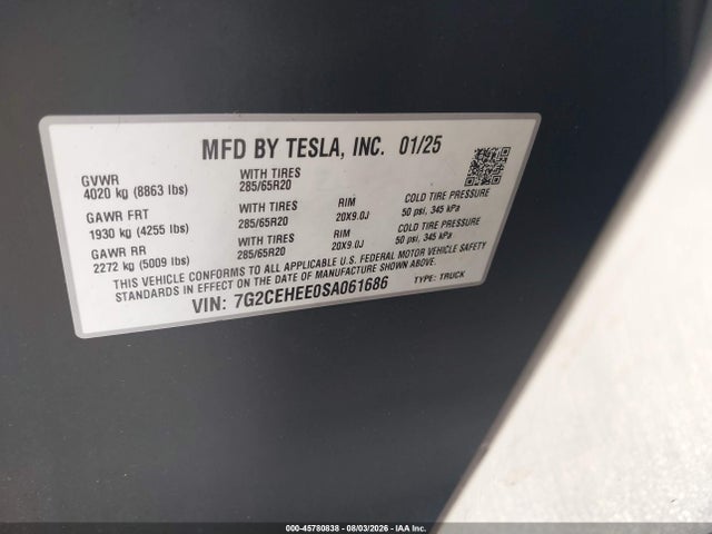 Продаж на аукціоні авто 2025 Tesla Cybertruck Cyberbeast, vin: 7G2CEHEE0SA061686, номер лоту: 45780838