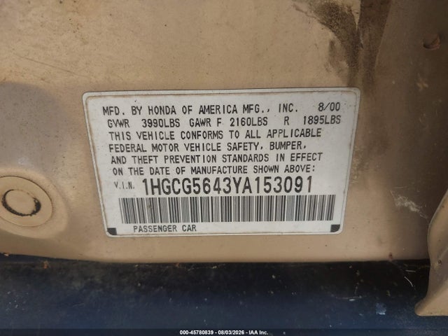 45780839 :رقم المزاد ، 1HGCG5643YA153091 vin ، 2000 Honda Accord 2.3 Lx مزاد بيع