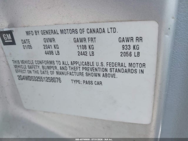 Aukcja sprzedaży 2005 Buick Lacrosse Cxl, vin: 2G4WD532551258076, numer aukcji: 45780859