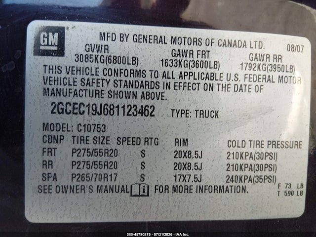 Продаж на аукціоні авто 2008 Chevrolet Silverado 1500 Lt1, vin: 2GCEC19J681123462, номер лоту: 45780875