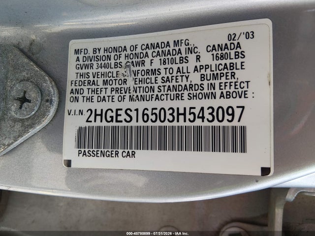 Продаж на аукціоні авто 2003 Honda Civic Lx, vin: 2HGES16503H543097, номер лоту: 45780899