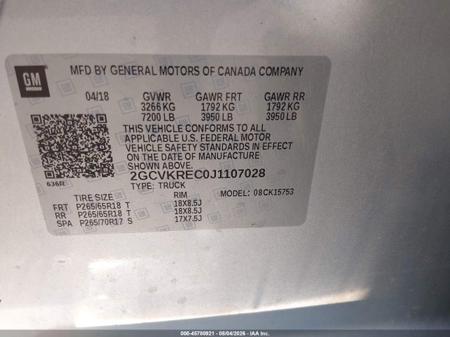 45780921 :رقم المزاد ، 2GCVKREC0J1107028 vin ، 2018 Chevrolet Silverado 1500 2lt مزاد بيع