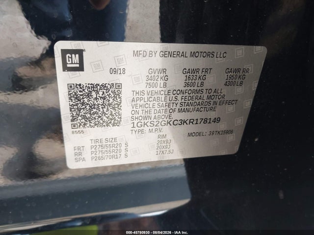 45780930 :رقم المزاد ، 1GKS2GKC3KR178149 vin ، 2019 Gmc Yukon Xl Slt مزاد بيع