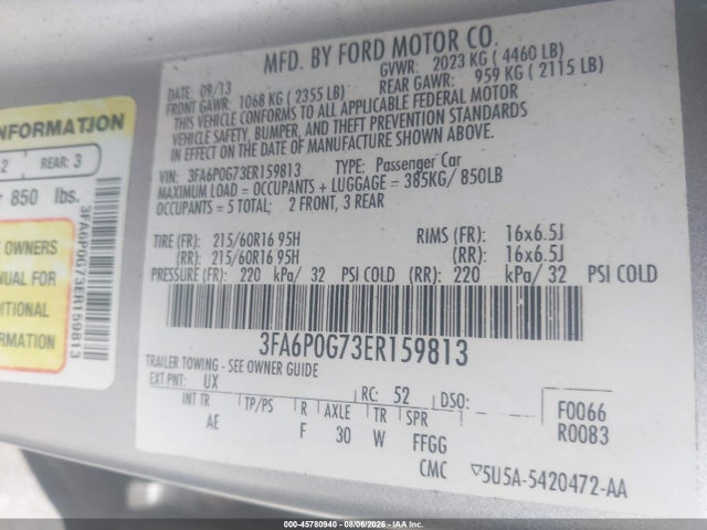 Продажа на аукционе авто 2014 Ford Fusion S, vin: 3FA6P0G73ER159813, номер лота: 45780940