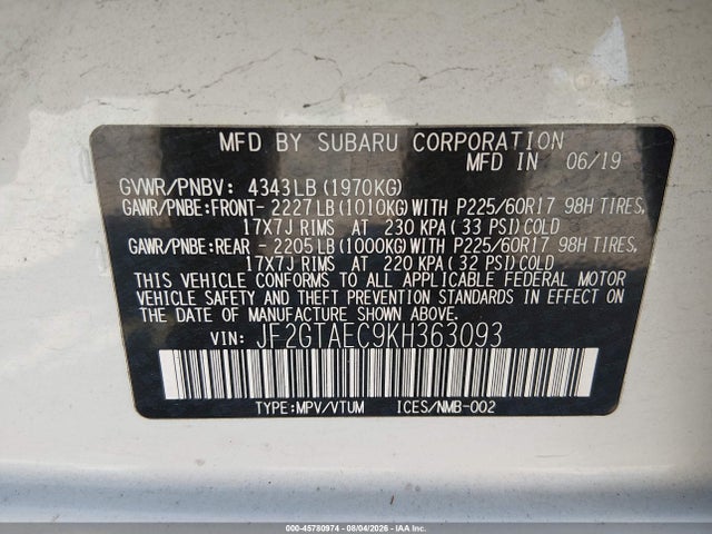 Subaru Crosstrek 2.0i Premium 2019 JF2GTAEC9KH363093 Image 9