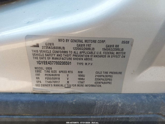 Aukcja sprzedaży 2008 Cadillac Srx V6, vin: 1GYEE437780206591, numer aukcji: 45780975