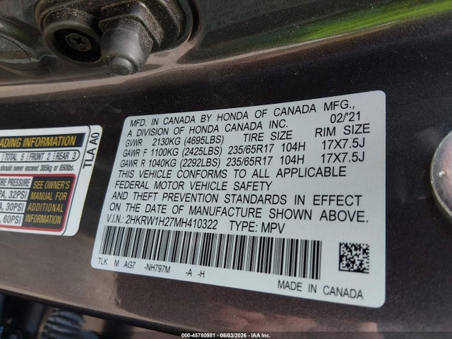2021 Honda Cr-v 2wd Lx მანქანა იყიდება აუქციონზე, vin: 2HKRW1H27MH410322, აუქციონის ნომერი: 45780981