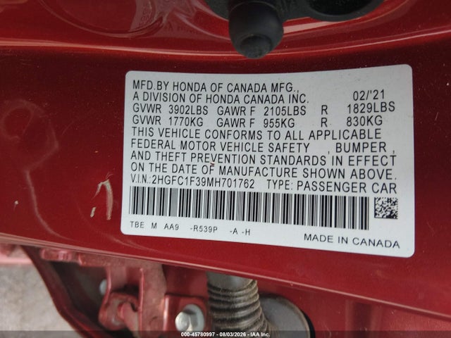 Aukcja sprzedaży 2021 Honda Civic Ex, vin: 2HGFC1F39MH701762, numer aukcji: 45780997