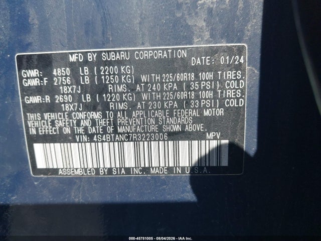 2024 Subaru Outback Limited მანქანა იყიდება აუქციონზე, vin: 4S4BTANC7R3223006, აუქციონის ნომერი: 45781005