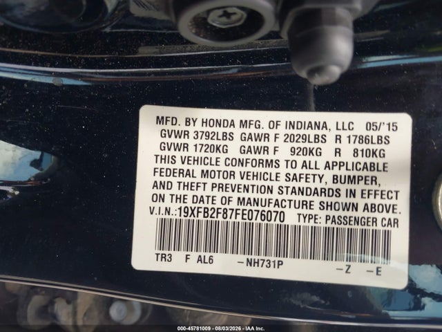 2015 Honda Civic Ex მანქანა იყიდება აუქციონზე, vin: 19XFB2F87FE076070, აუქციონის ნომერი: 45781009