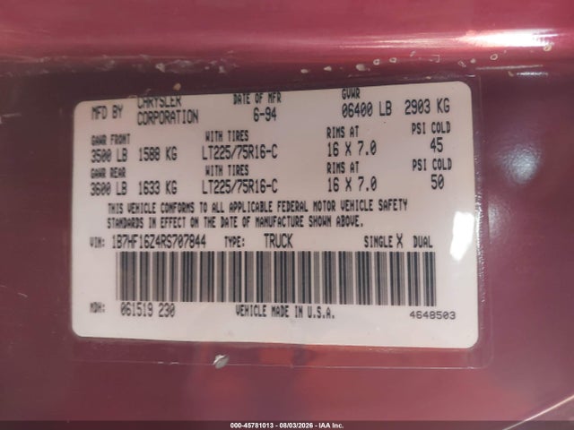 Aukcja sprzedaży 1994 Dodge Ram 1500, vin: 1B7HF16Z4RS707844, numer aukcji: 45781013