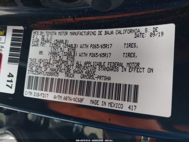 45781014 :رقم المزاد ، 3TMCZ5AN7LM288935 vin ، 2020 Toyota Tacoma Trd Sport مزاد بيع