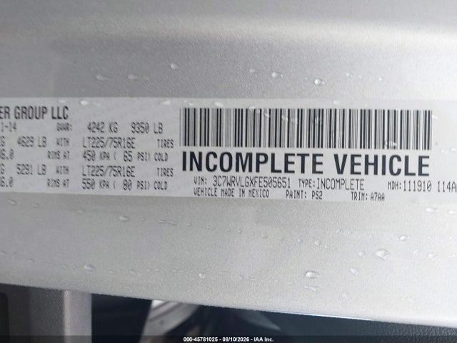 2015 Ram Promaster 3500 Cutaway Low Roof მანქანა იყიდება აუქციონზე, vin: 3C7WRVLGXFE505651, აუქციონის ნომერი: 45781025