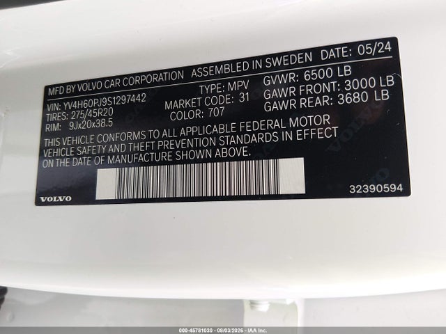 2025 Volvo Xc90 Plug-in Hybrid T8 Core 7-seater მანქანა იყიდება აუქციონზე, vin: YV4H60PJ9S1297442, აუქციონის ნომერი: 45781030