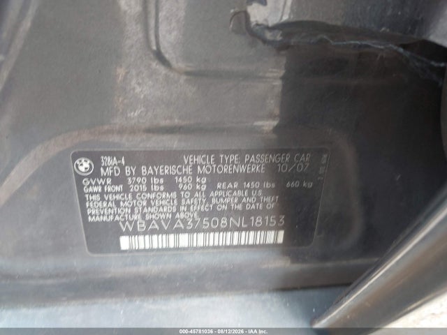 Продаж на аукціоні авто 2008 Bmw 328i, vin: WBAVA37508NL18153, номер лоту: 45781036