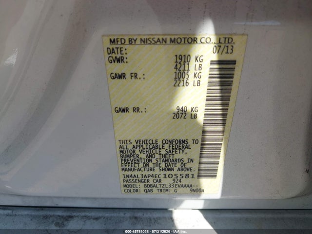 2014 Nissan Altima 2.5/s/sv/sl მანქანა იყიდება აუქციონზე, vin: 1N4AL3AP4EC105581, აუქციონის ნომერი: 45781038