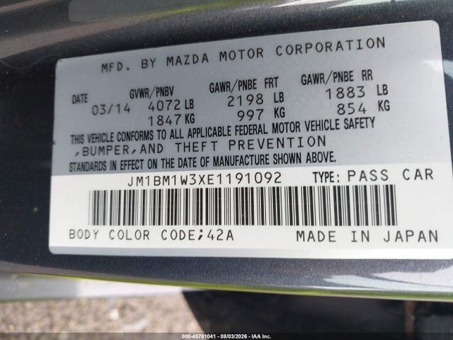 2014 Mazda Mazda3 S Grand Touring მანქანა იყიდება აუქციონზე, vin: JM1BM1W3XE1191092, აუქციონის ნომერი: 45781041