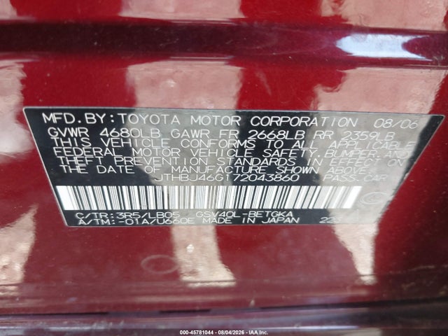 Продаж на аукціоні авто 2007 Lexus Es 350, vin: JTHBJ46G172043860, номер лоту: 45781044