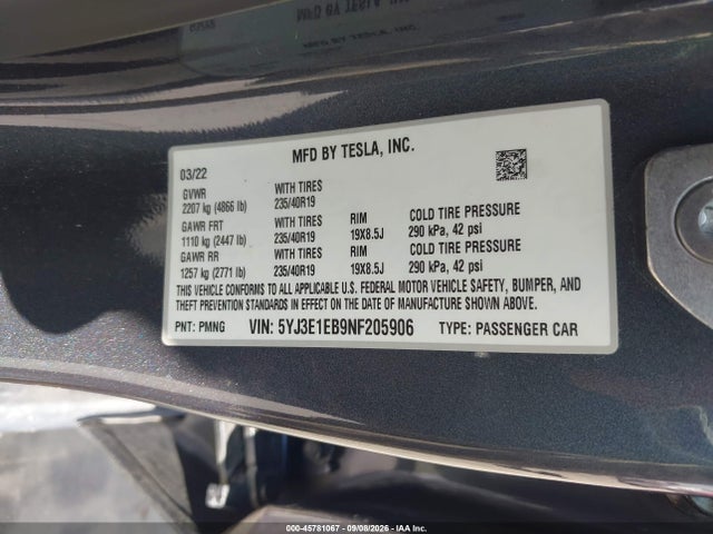 Tesla Model 3 Long Range Dual Motor All-wheel Drive 2022 5YJ3E1EB9NF205906 Image 9