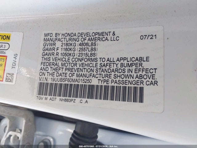45781068 :رقم المزاد ، 19UUB5F60MA015250 vin ، 2021 Acura Tlx Advance Package مزاد بيع