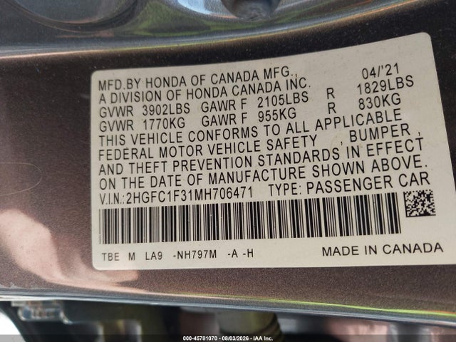 Aukcja sprzedaży 2021 Honda Civic Ex, vin: 2HGFC1F31MH706471, numer aukcji: 45781070