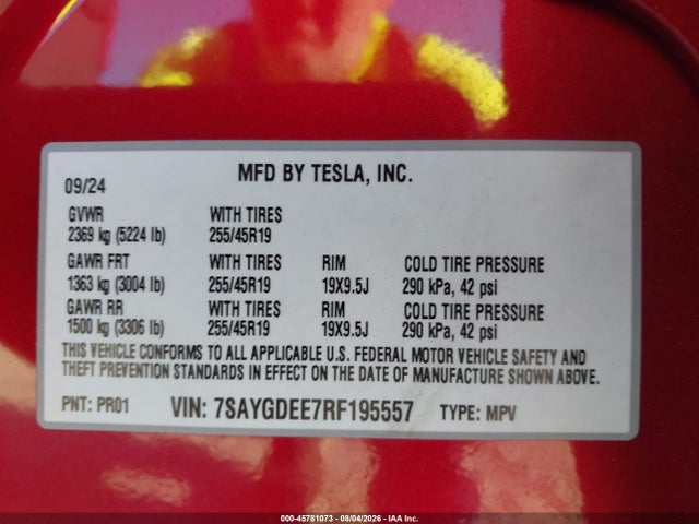 Продаж на аукціоні авто 2024 Tesla Model Y Long Range Dual Motor All-wheel Drive, vin: 7SAYGDEE7RF195557, номер лоту: 45781073