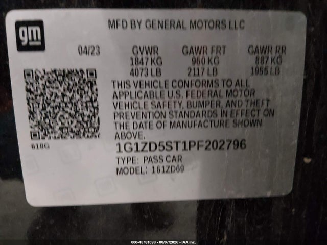 45781098 :رقم المزاد ، 1G1ZD5ST1PF202796 vin ، 2023 Chevrolet Malibu Fwd 1lt مزاد بيع