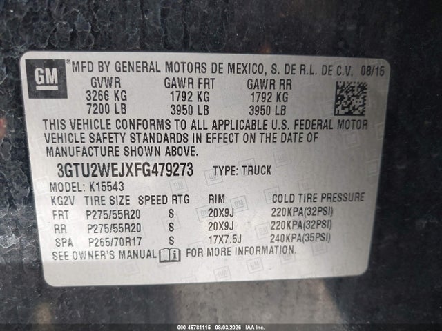 2015 Gmc Sierra 1500 Denali მანქანა იყიდება აუქციონზე, vin: 3GTU2WEJXFG479273, აუქციონის ნომერი: 45781115