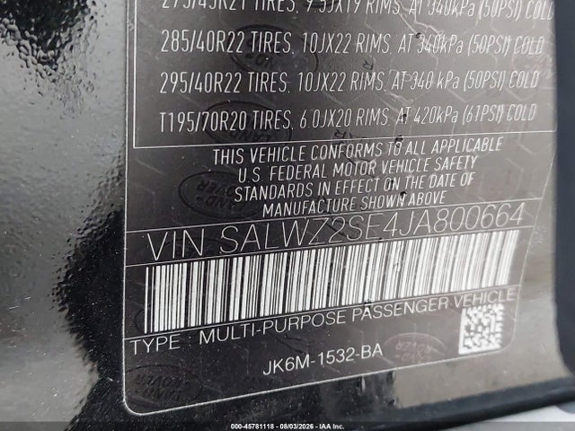 Aukcja sprzedaży 2018 Land Rover Range Rover Sport Svr, vin: SALWZ2SE4JA800664, numer aukcji: 45781118