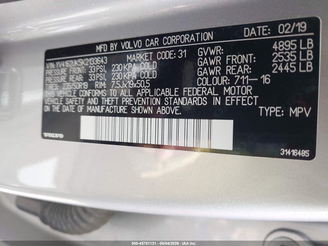 Aukcja sprzedaży 2019 Volvo Xc40 T5 Momentum, vin: YV4162UK5K2133643, numer aukcji: 45781131
