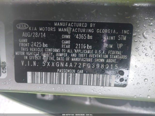 Продаж на аукціоні авто 2015 Kia Optima Ex, vin: 5XXGN4A72FG398015, номер лоту: 45781144
