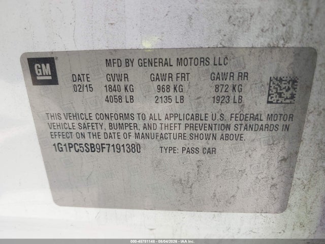 Продаж на аукціоні авто 2015 Chevrolet Cruze 1lt Auto, vin: 1G1PC5SB9F7191380, номер лоту: 45781148
