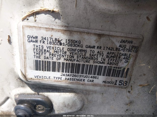 45781151 :رقم المزاد ، JA3AY26C3YU014861 vin ، 2000 Mitsubishi Mirage De مزاد بيع