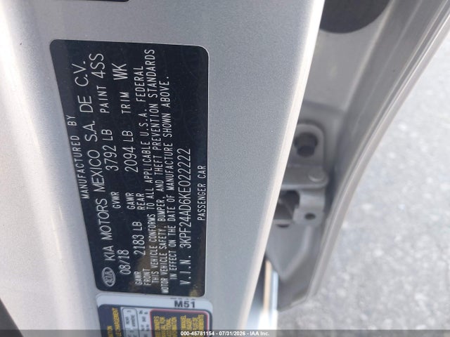 3KPF24AD6KE022222 KIA Forte Lxs