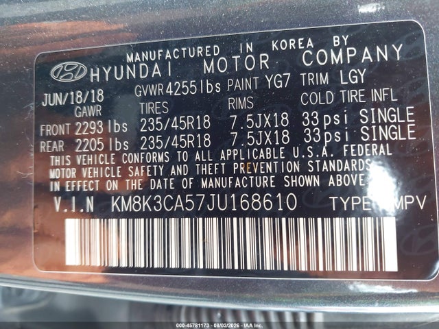 KM8K3CA57JU168610 Hyundai Kona Limited