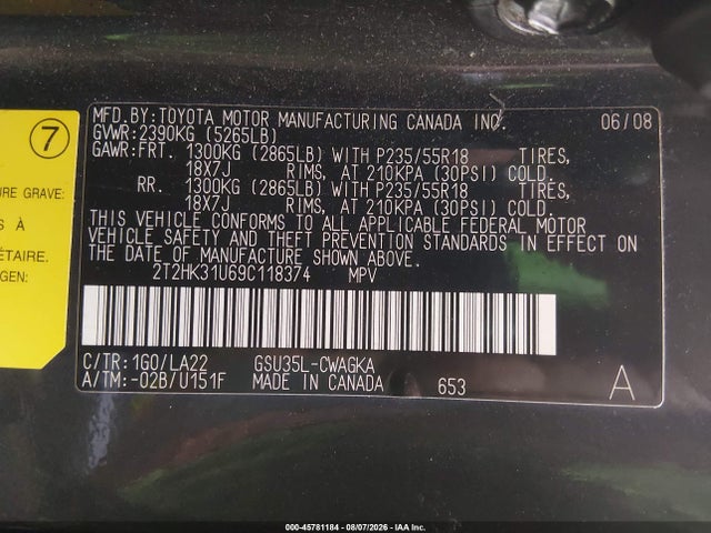 45781184 :رقم المزاد ، 2T2HK31U69C118374 vin ، 2009 Lexus Rx 350 مزاد بيع
