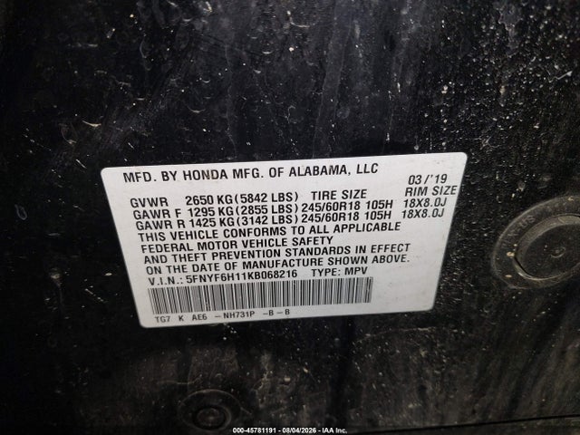 Продаж на аукціоні авто 2019 Honda Pilot Lx, vin: 5FNYF6H11KB068216, номер лоту: 45781191