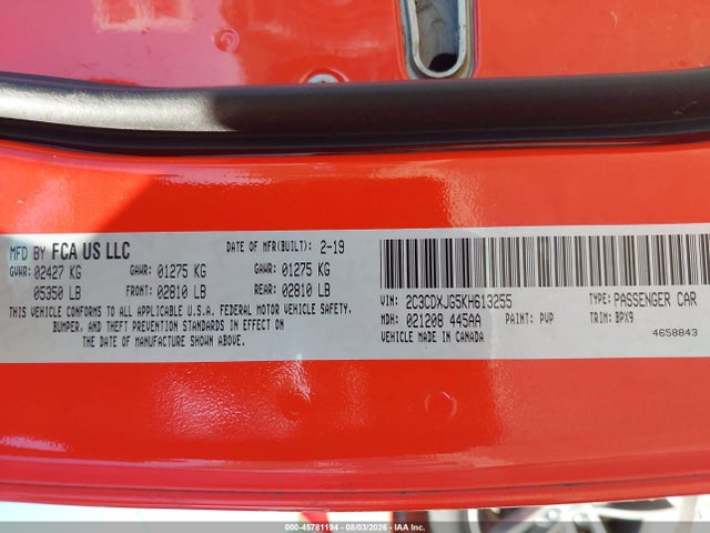 Продажа на аукционе авто 2019 Dodge Charger Sxt Awd, vin: 2C3CDXJG5KH613255, номер лота: 45781194
