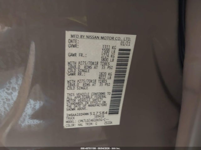 2021 Nissan Titan Pro-4x 4x4 მანქანა იყიდება აუქციონზე, vin: 1N6AA1ED4MN517584, აუქციონის ნომერი: 45781199