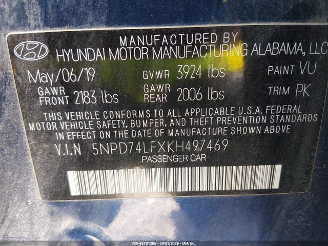 Продажа на аукционе авто 2019 Hyundai Elantra Se, vin: 5NPD74LFXKH497469, номер лота: 45781205