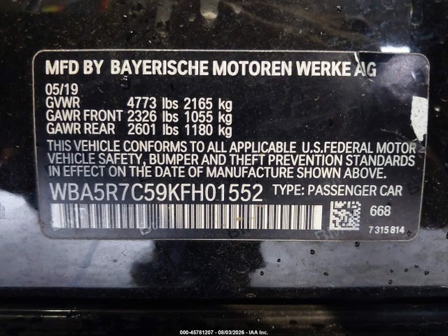 Aukcja sprzedaży 2019 Bmw 330i Xdrive, vin: WBA5R7C59KFH01552, numer aukcji: 45781207