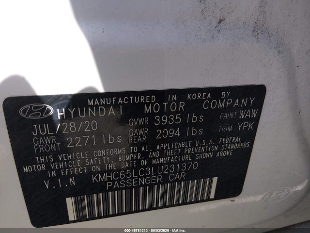 Продаж на аукціоні авто 2020 Hyundai Ioniq Hybrid Blue, vin: KMHC65LC3LU231370, номер лоту: 45781213