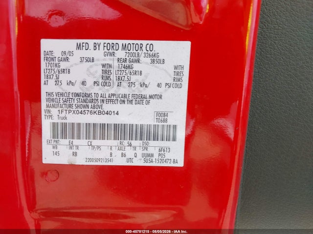 Продаж на аукціоні авто 2006 Ford F-150 Fx4/xlt, vin: 1FTPX04576KB04014, номер лоту: 45781215