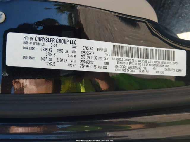 2014 Chrysler Town & Country Touring მანქანა იყიდება აუქციონზე, vin: 2C4RC1BG0ER408249, აუქციონის ნომერი: 45781220