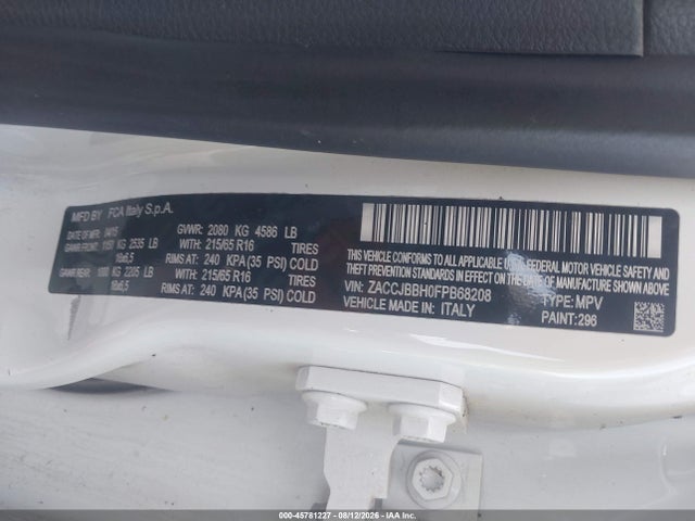 Продажа на аукционе авто 2015 Jeep Renegade Latitude, vin: ZACCJBBH0FPB68208, номер лота: 45781227